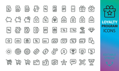 Loyalty program isolated icons set. Set of cashback, loyalty cards, piggy bank, discount coupon, customer gift card, bonus points, exclusive prize, shopping discount app vector icon
