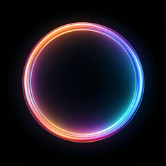 Concept of a black hole or portal of brightly glowing colorful iridescent thin circle of light on a black background