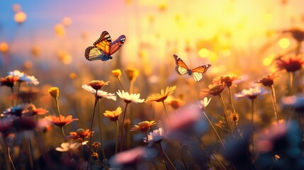 Beautifull Butterflies Flying Over Flowers in the Evening in the Field - obrazy, fototapety, plakaty