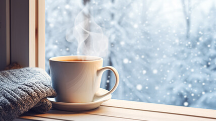 Winter holidays, calm and cosy home, cup of tea or coffee mug and knitted blanket near window in the English countryside cottage, holiday atmosphere - Powered by Adobe