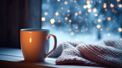 Winter holidays, evening calm and cosy home, cup of tea or coffee mug and knitted blanket near window in the English countryside cottage, holiday atmosphere