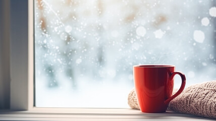 Winter holidays, calm and cosy home, red cup of tea or coffee mug and knitted blanket near window in the English countryside cottage, holiday atmosphere