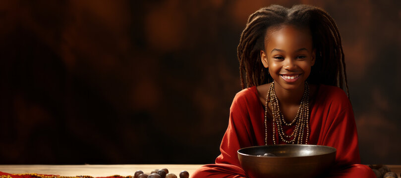 Serene African teen girl in casual attire meditating with cultural beads, calabash bowl against plain backdrop. Conjuring peace, mindfulness, tradition and well-being.