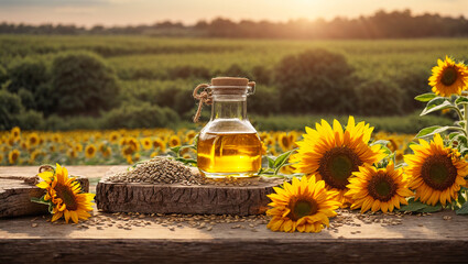 Bottle with oil on the background of a field with sunflowers - obrazy, fototapety, plakaty