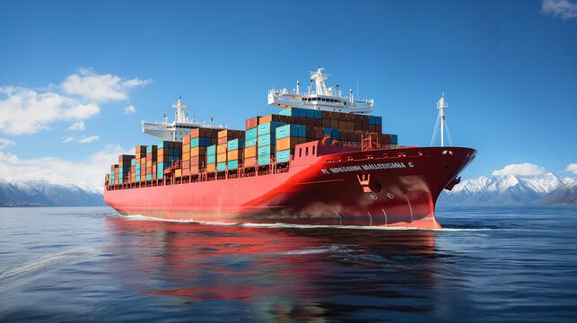 Red cargo ship with containers on board