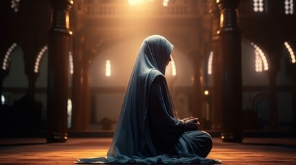 Muslim women wearing hijabs praying inside a beautiful and spacious mosque
