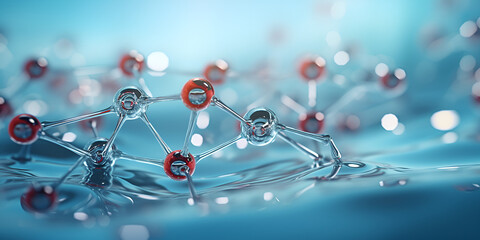Hydrogen molecule or atom, Abstract structure 
bokeh background in blue color - obrazy, fototapety, plakaty