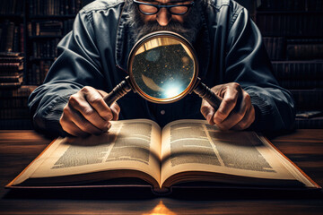 Illustration of a intellectual man holding a magnifying glass over a book seeking truth and knowledge Generative AI