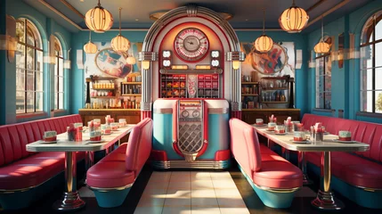 Fotobehang Retro vintage diner restaurant, interior design, stylish old fashioned design concept © AlexCaelus