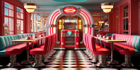 Retro vintage diner restaurant, interior design, stylish old fashioned design concept - obrazy, fototapety, plakaty