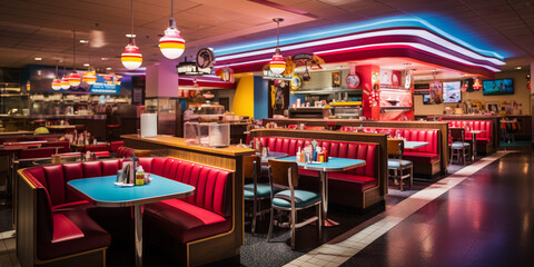 Retro vintage diner restaurant, interior design, stylish old fashioned design concept