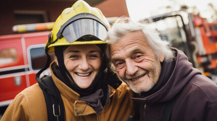Happy firefighter with senior citizen Safety, brave rescue, survivor concept