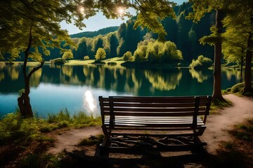 empty wooden bench on the lake