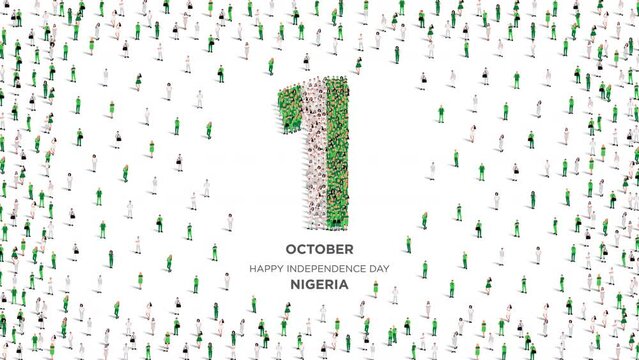 Happy Independence Day Nigeria. A large group of people form to create the number 1 as Nigeria celebrates its Independence Day on the 1st of October. 4K Animation Video.