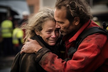 A woman and a man embrace to support each other in a difficult moment. Compassion, solidarity and support.