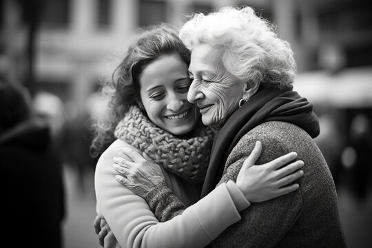 A young woman embraces her elderly mother. Compassion, solidarity and support.