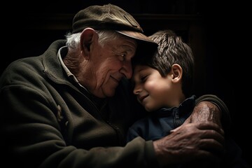 An elderly man hugs his grandson to share the joy with him. Compassion, solidarity and support.