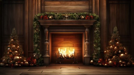 Fototapeta na wymiar Fireplace decorated with Christmas decorations
