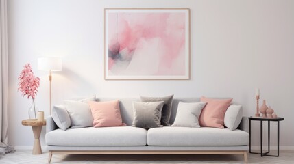 A cozy living room with a stylish couch and an eye-catching painting on the wall