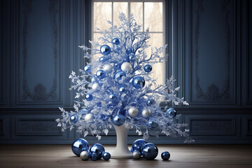 Blue decorated Christmas tree with Christmas ornaments