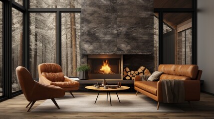 A cozy living room with a fireplace and stylish furniture