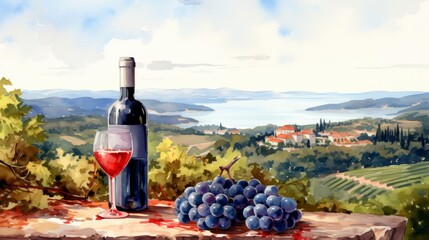 A still life painting featuring a bottle of wine and a glass of red wine - obrazy, fototapety, plakaty