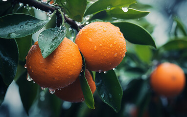 Fresh oranges on a tree with water droplets