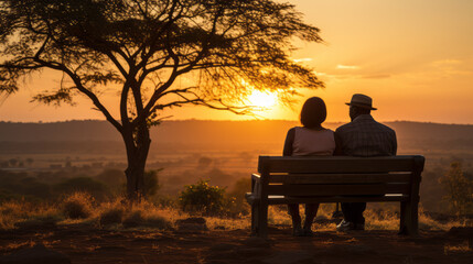 Obraz premium Tranquil African elderly couple relishing serene savanna sunset from a wooden bench, epitomizing love, companionship and harmony in golden years.