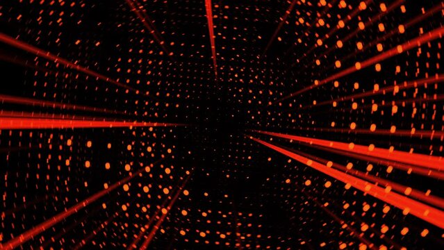 looped 3d animation, VFX orange tunnel with polygonal frames, Sci-fi. Abstract cyclic background. Technology, VJ concept. Led lamp futuristic tunnel with bright light. Animation of seamless loop