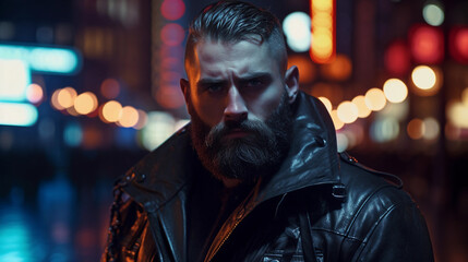 Obraz premium Caucasian male, bearded, intense gaze, leather jacket, night, neon city lights reflecting on face