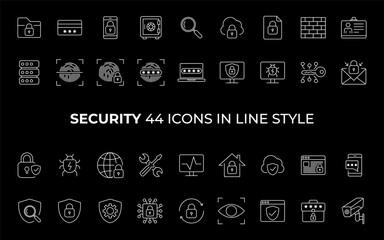 Security icons in line style. Cyber Security, internet protection, mobile app, password, spy, security system, finger print, electronic Vector illustration.