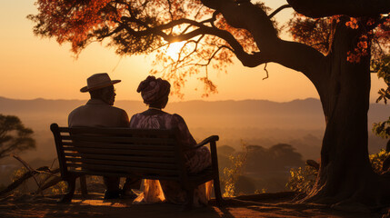 Mesmerizing scene of an African retired couple sharing a tranquil sunset in Central Africa savanna. Radiates love, peace and fulfillment.