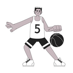 African american basketball player monochromatic flat vector character. Man shooting basketball ball. Editable thin line full body person on white. Simple bw cartoon spot image for web graphic design
