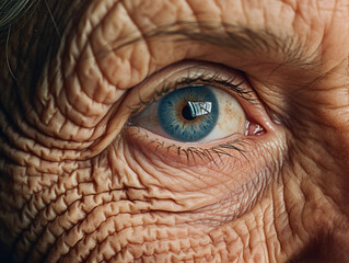 elderly woman with wrinkles, vivid blue eyes, natural light, fine details in every wrinkle and pore