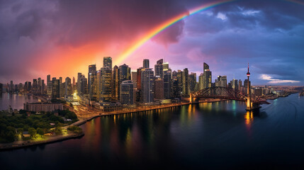 Fototapeta premium urban rainbow appearing after a rainstorm, highlighting iconic skyscrapers