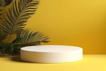 White product podium with green leaf and yellow background.