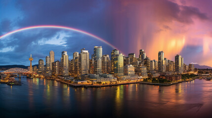  urban rainbow appearing after a rainstorm, highlighting iconic skyscrapers