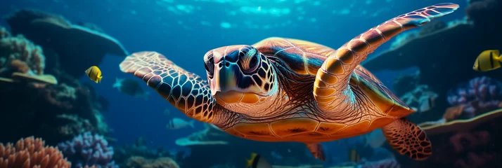 Fotobehang a sea turtle gliding gracefully near a coral reef, myriad of fish in the background, ambient sunlight © Gia