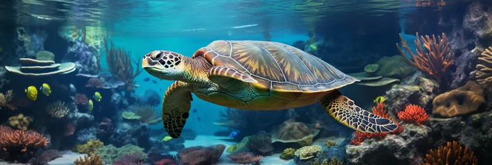 Poster a sea turtle gliding gracefully near a coral reef, myriad of fish in the background, ambient sunlight © Gia