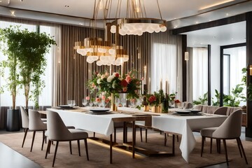 chandelier on the dining table in modern living room