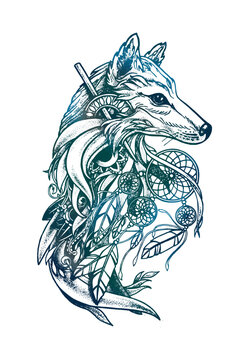 wolf tribal tattoo with dream catcher
