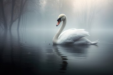 Floating white swan on a foggy lake