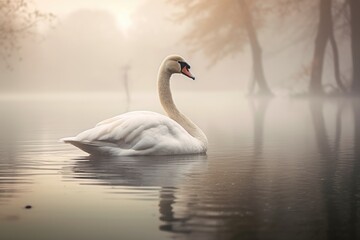 Obraz premium Floating white swan on a foggy lake