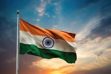 Fotobehang Indian flag waving on blue sky background © Lubos Chlubny