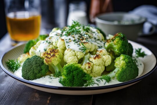 Fresh Broccoli And Cauliflower Salad With Tahini Dressing On Plate