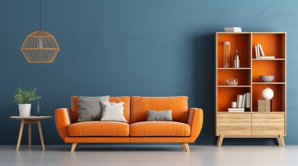 A modern living room with bold blue walls and vibrant orange furniture
