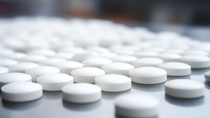 Pain relief pills spread out on a plain backdrop.