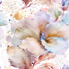 Watercolor beautiful pastel flowers seamless pattern. Dirty watercolor background. Hand drawn paint blooming flowers, leaves, splashes. Modern artistic drawing floral ornament. Endless grunge texture