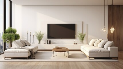 A modern living room with a spacious window and a sleek flat screen TV