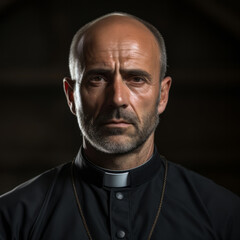 Fototapeta premium Portrait of senior priest. Serious face on clear black backdrop. Religion concept.